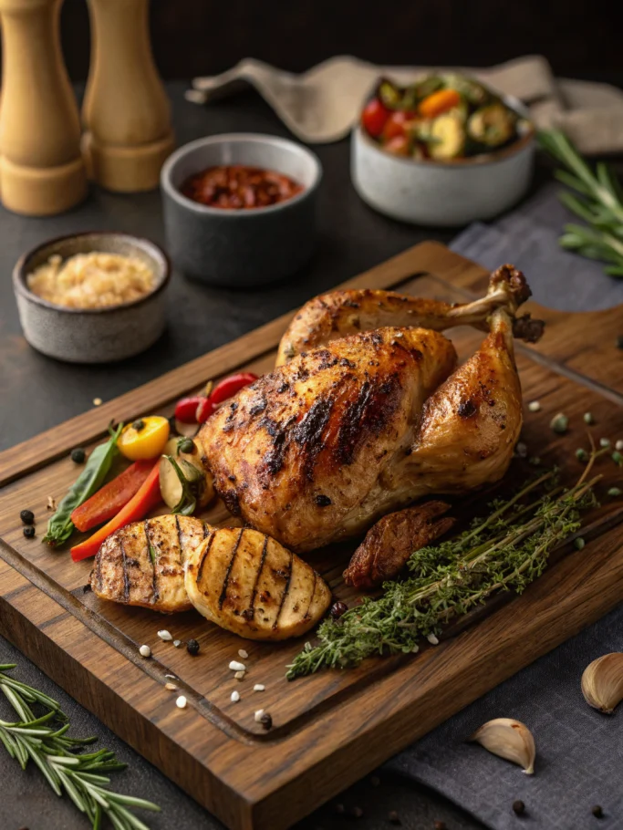 Grill chicken with golden crispy skin served alongside colorful roasted vegetables and fresh herbs on a rustic wooden cutting board, photographed from above