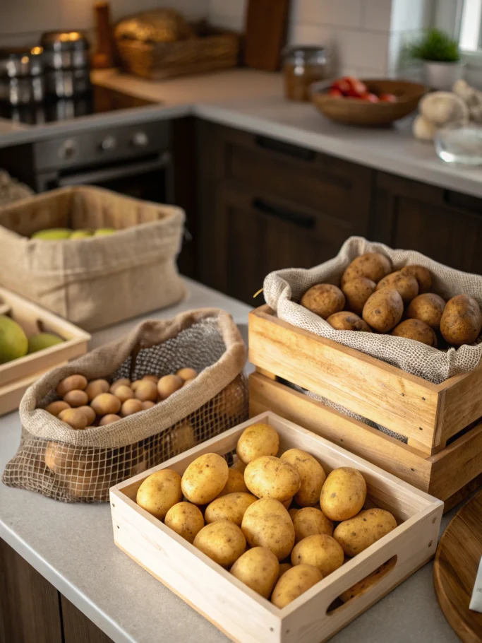 Store potatoes: Vibrant photo composing various containers for preserving potatoes using natural light and shadows.