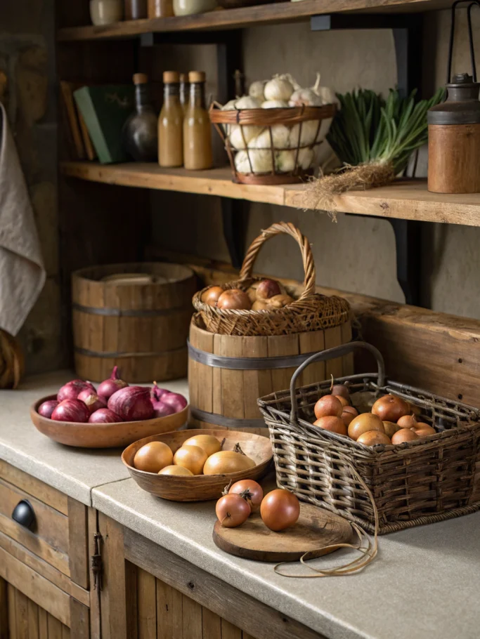 Store Onions - Rustic kitchen scene with onions stored in baskets, braids & mesh bags. Warm lighting showcases onion varieties.